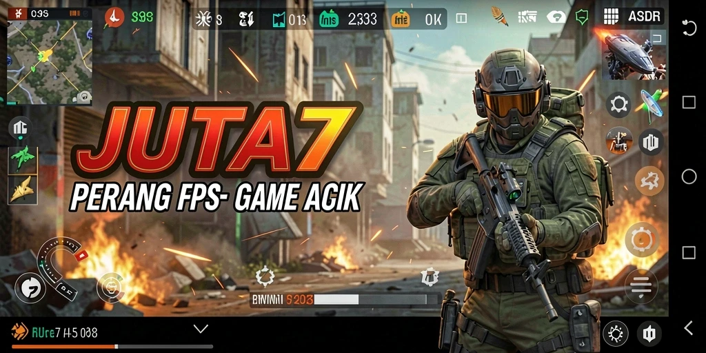 Screenshot utama JUTA7 menampilkan aksi tembak-menembak yang mendebarkan.