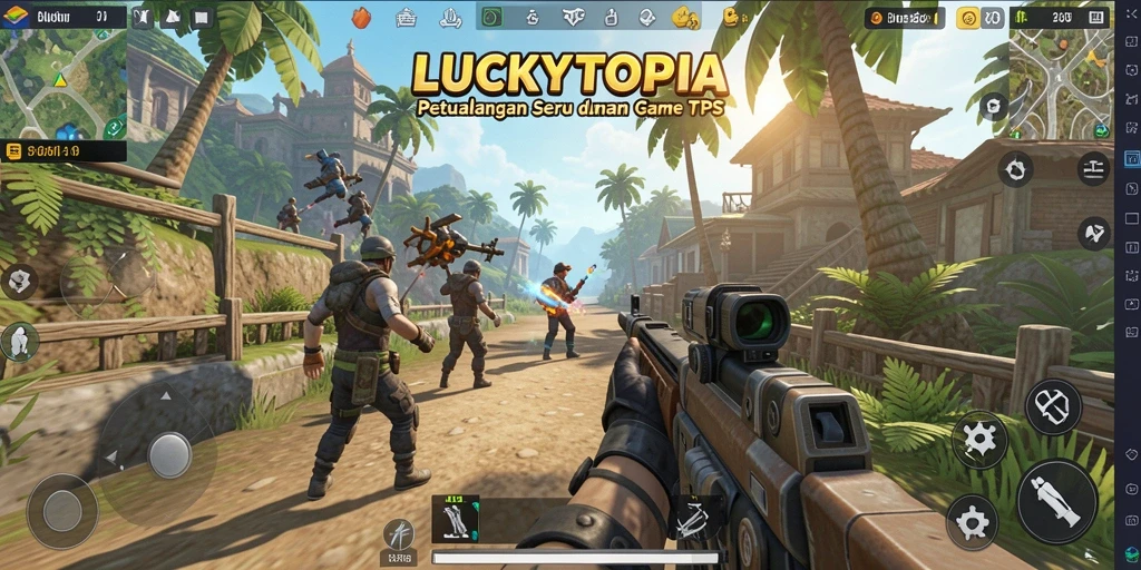 Tampilan gameplay seru LUCKYTOPIA saat bertarung di arena TPS.