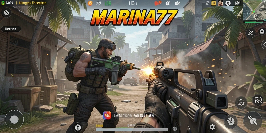 Screenshot gameplay MARINA77 menunjukkan aksi tembak-menembak yang intens di arena pertempuran.