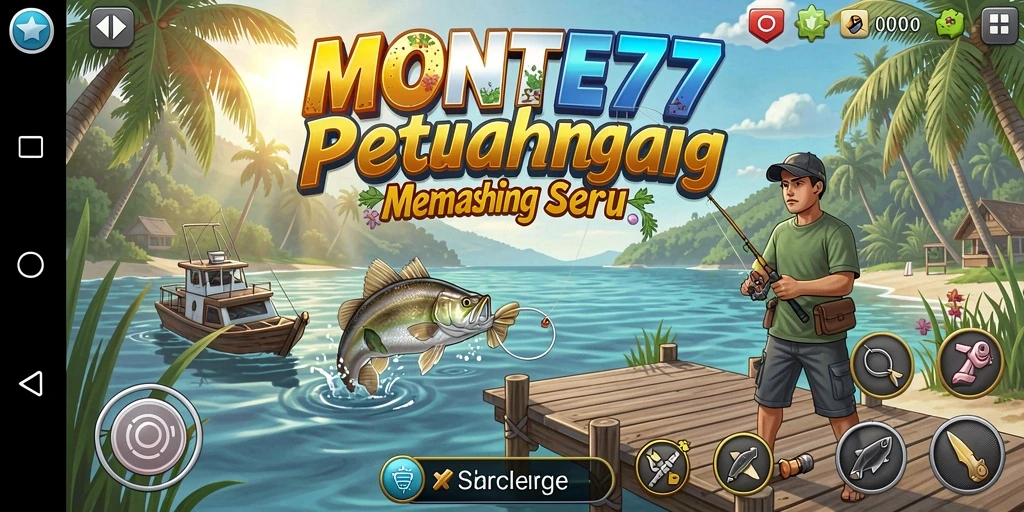 Screenshot gameplay MONTE77 menunjukkan momen menangkap ikan yang mendebarkan.