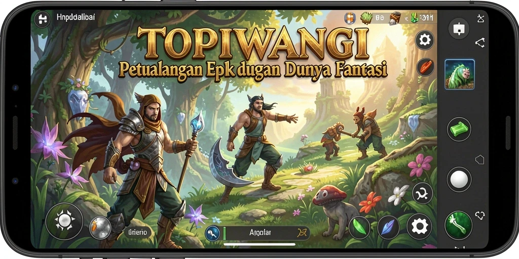Screenshot utama TOPIWANGI menunjukkan pertempuran seru dalam dunia fantasi.